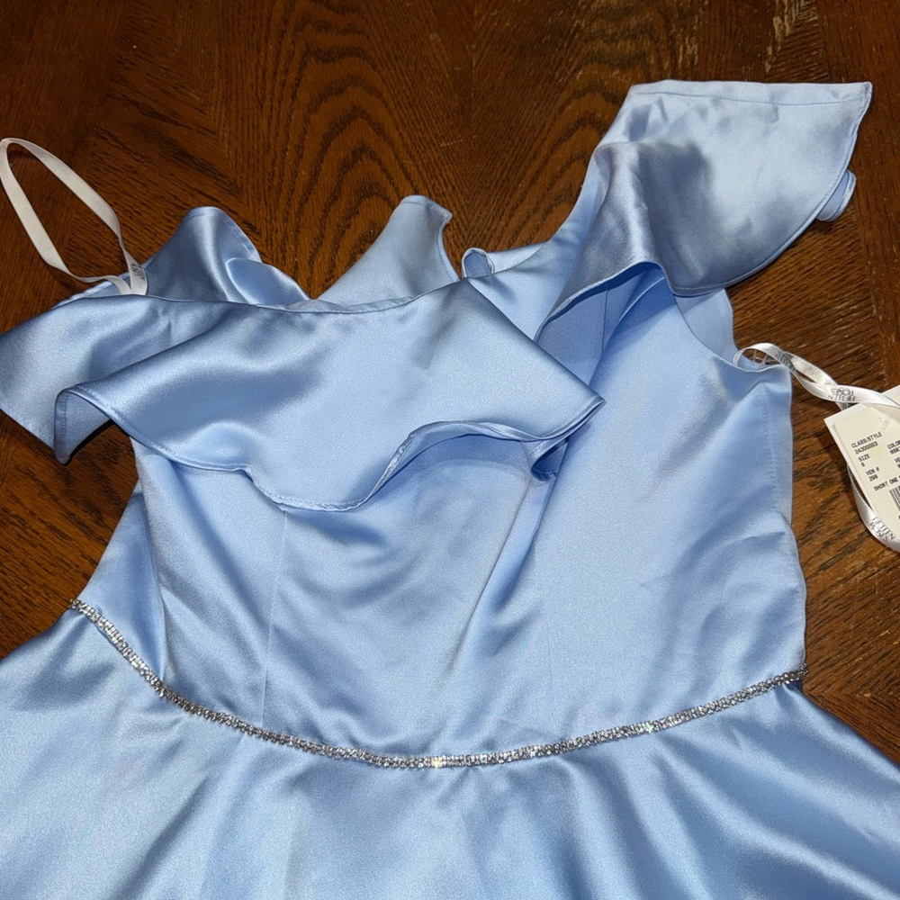 Light Blue One-Shoulder Ruffle Satin Party Dress - Picture 6 of 13